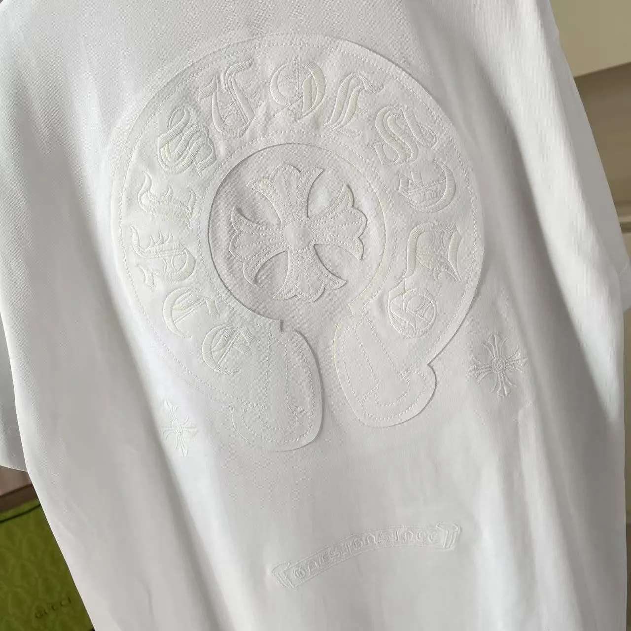 🅿️200 ch Cro* 2025 spring and summer new style Sanskrit horseshoe cross laser patch embroidery short-sleeved t-shirt custom fabric 300g same style for men and women Size: S M L XL XXL Five codes Color: black white